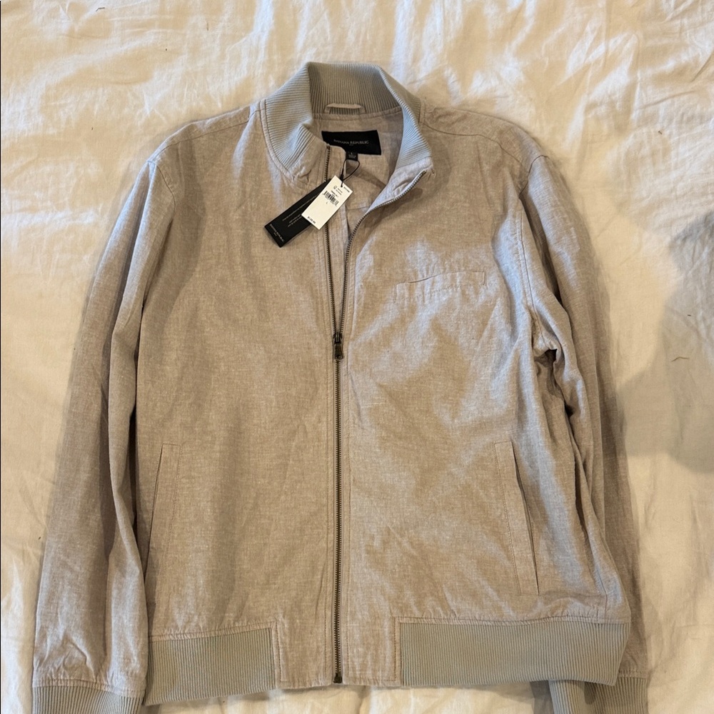 Banana Republic Men's Light Taupe Zip-Up Bomber Jacket Linen Large - Picture 2 of 3